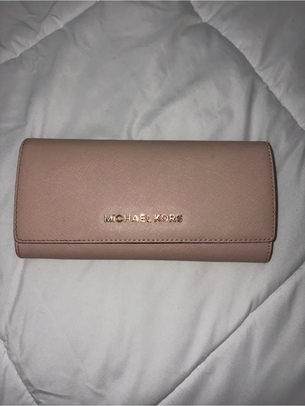 Michael Kors Pink Saffiano Trifold Wallet with Gold Logo